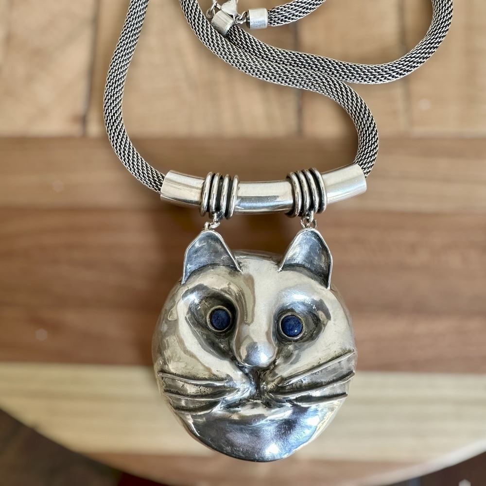 VTG Mexico Artisan Cat Pendant Necklace 23 Inch Mesh Lapis 925 Sterling 132.2g